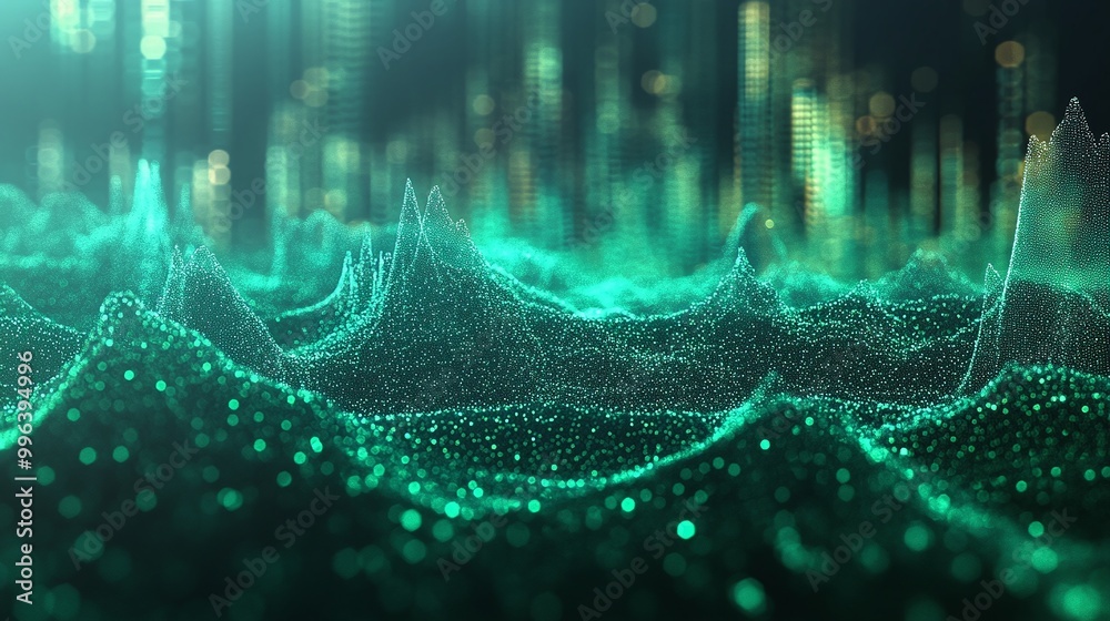 Poster abstract wave patterns in glowing green, representing data visualization and digital technology.