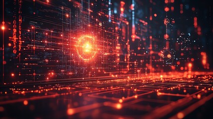 Naklejka premium Abstract digital background with glowing red lines and data streams.