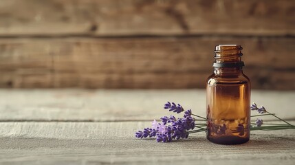 Close-up of a single homeopathy bottle, placed next to a lavender sprig on a clean wooden surface with ample space for text