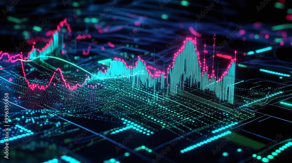 Poster colorful data visualization with intricate graphs and digital patterns against a dark background.