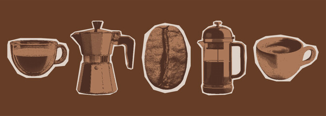 Monochrome Halftone Illustration. Breakfast coffee concept. French press, coffee bean, moka pot, espresso cup. Vintage cutout elements with dotted photocopy texture for prints, invitations, menus. 