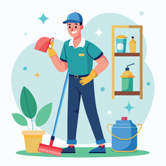 Cleaning service at home janitors team in uniform vector art illustration
