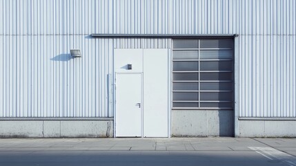 Modern industrial building exterior featuring a closed white door and window showcasing an emergency exit or entrance with a frontal view on a sunny day