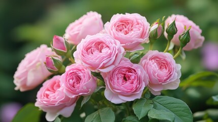 Fototapeta premium A stunning arrangement of pink roses displays their delicate petals and vibrant green leaves inspiring emotions of beauty and tenderness