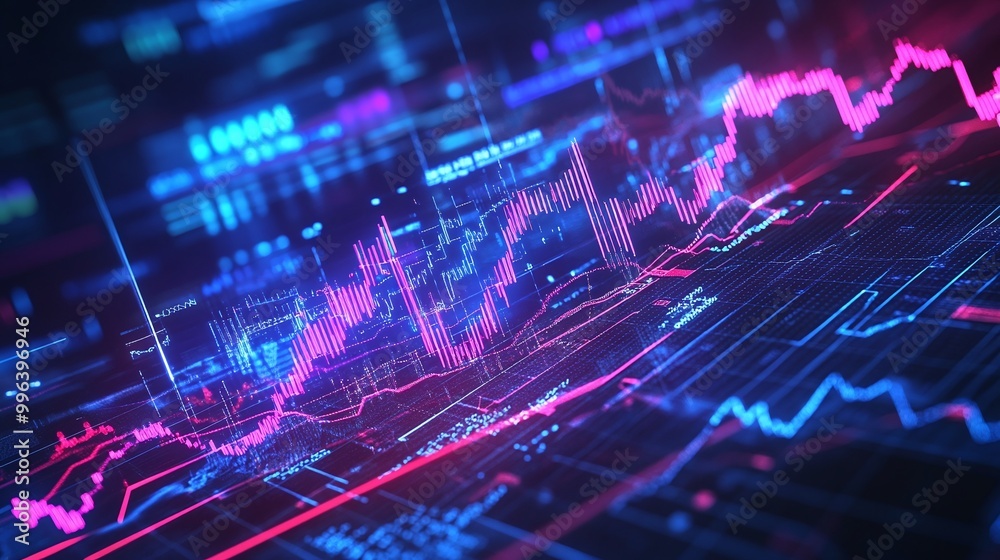 Poster colorful digital financial graph with vibrant lines and data visualization on a tech-themed backgrou