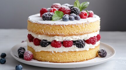 A delicious layered cake topped with fresh berries and powdered sugar.