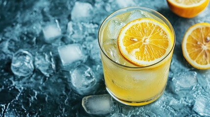 Cool citrus infused drink with ice on a textured background ideal for summer enjoyment and promoting healthy hydration
