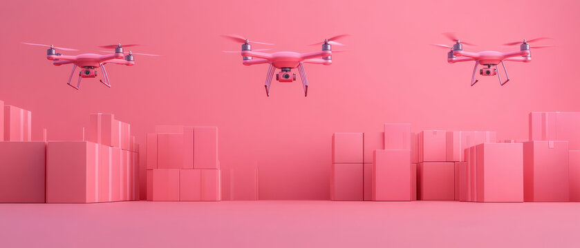 Futuristic industrial landscape with automated warehouses, drones delivering packages, seamless logistics and automation Automated logistics, futuristic industry - Powered by Adobe