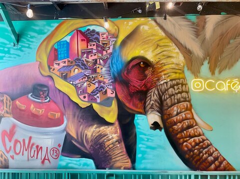 Colorful interior of Cafe Aroma de Barrio, Comuna 13, Medellin, Colombia, 12.07.24.