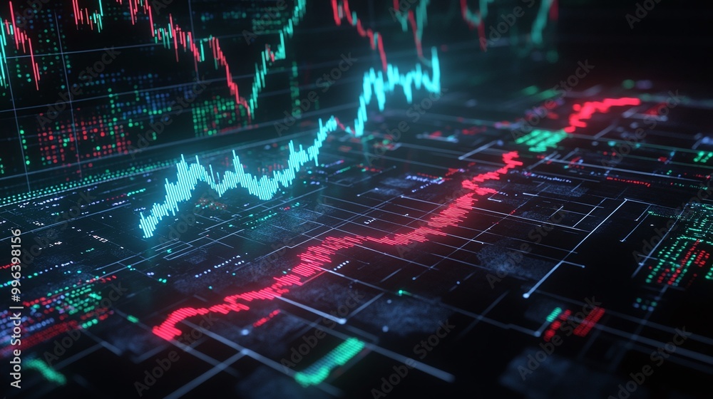 Poster data visualization showing stock market trends with glowing graphs and statistics on a digital inter