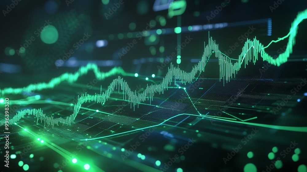Poster data visualization with glowing green graph lines showing upward trend in digital analytics.