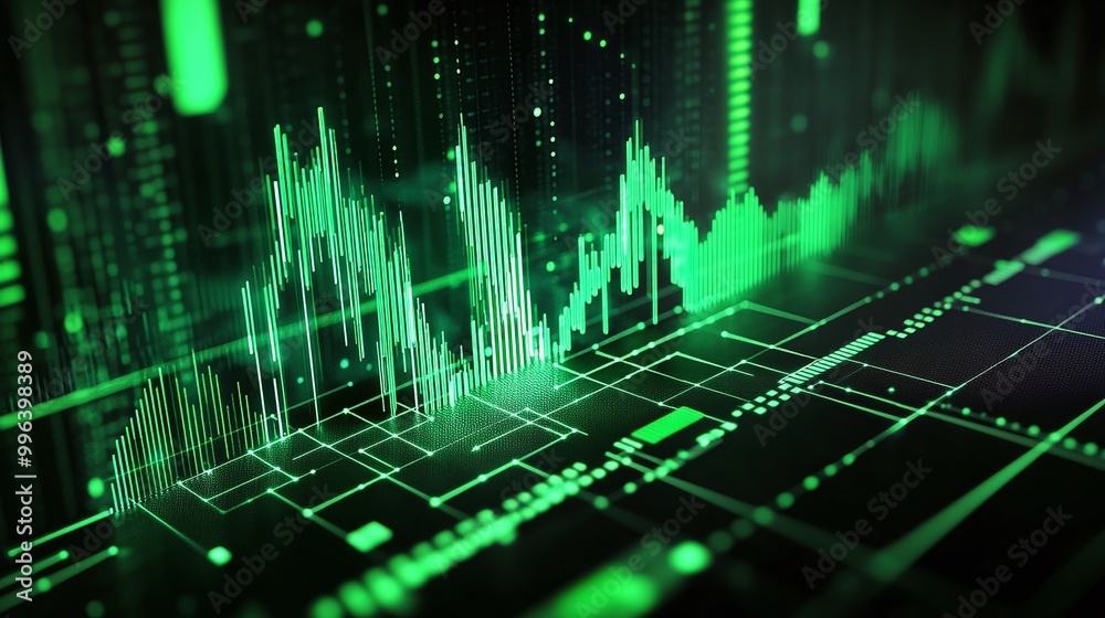 Poster data visualization with green graph lines on a digital interface representing financial growth and a
