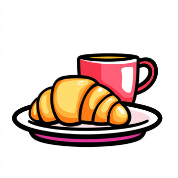 recommend clip art: Croissant on a plate with a mug of coffee, a simple illustration with bold outlines and no background.