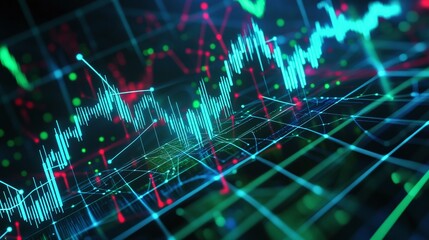 Fototapeta premium Digital abstract representation of stock market trends with vivid colors and data visualization elements.