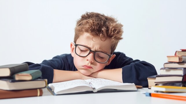 Caucasian bored schoolboy sleepy at school elementary education study learning tired exhausted sad upset fatigued child boy kid pupil schoolchild lying at table desk lesson class relax health problem