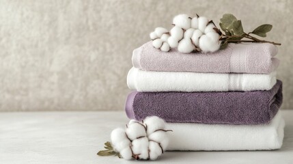 Stacked white grey and purple towels accompanied by a cotton flower on a neutral backdrop perfect for showcasing products