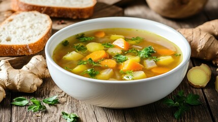 A white bowl filled with vegetable soup accompanied by ginger and bread placed on a wooden tabletop