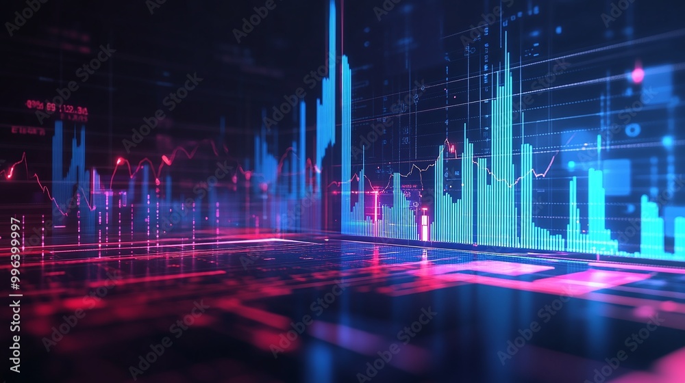 Poster digital data visualization with colorful graphs and lines representing fluctuating market trends.