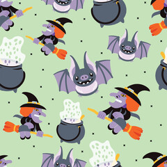 Cute Halloween Seamless Pattern Pencil Style on Color Background.