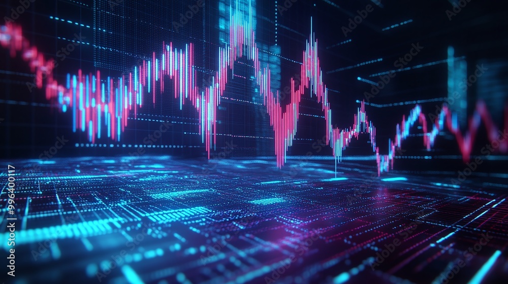 Poster digital data visualization with colorful graphs, representing market trends and analytics in a futur