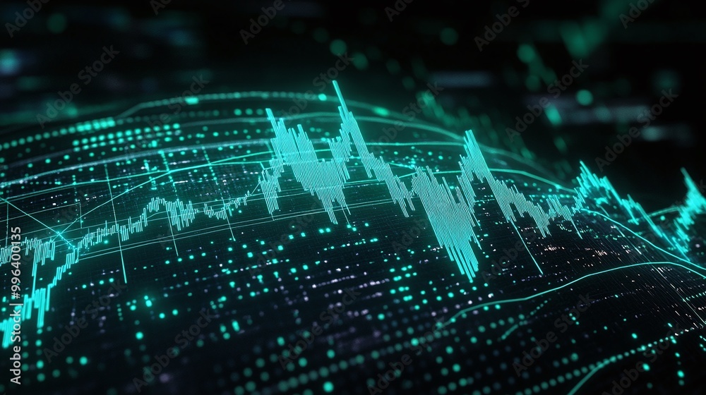 Poster digital data visualization with dynamic graphs representing statistical trends in a futuristic desig
