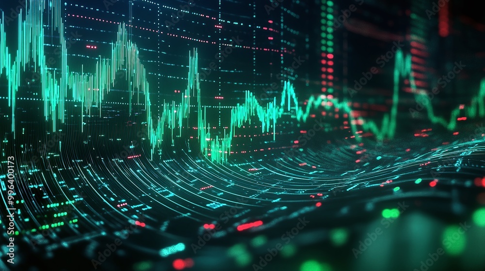 Poster digital data visualization with dynamic graphs and vivid colors, showcasing trends and analytics in 