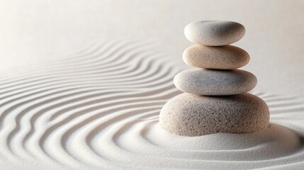 A pile of smooth stones on white sand featuring raked patterns in the background symbolizing meditation and balance with ample space for text