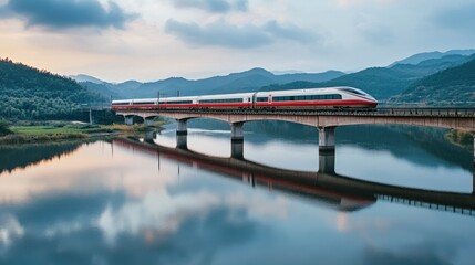 A high-speed passenger train crossing a bridge over a river, reflected in the calm water below as it moves quickly.