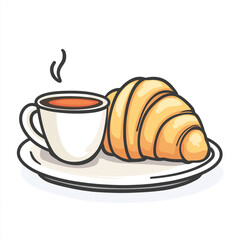Croissant on a plate with a mug of coffee, a simple illustration with bold outlines and no background.