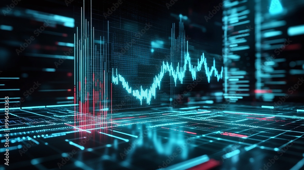 Poster digital data visualization with glowing graphs and charts on a dark background.