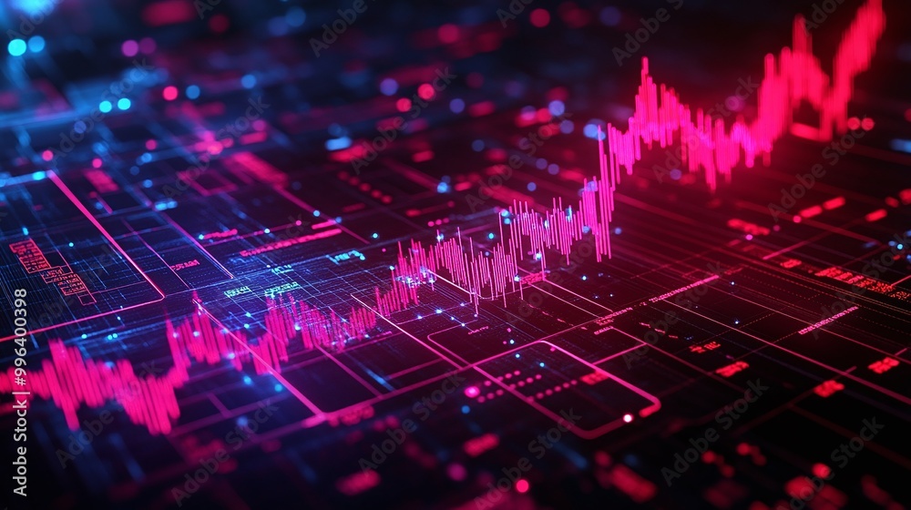 Poster digital data visualization with glowing graphs and lines in vibrant colors representing technology t