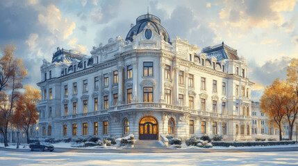 Obraz premium Elegant white building with snow-covered streets.