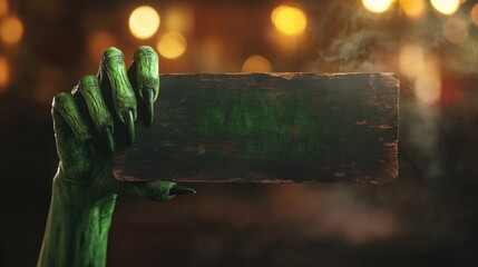 Halloween card sign held by a green witch or zombie monster hand perfect for spooky celebrations and trick or treating themes