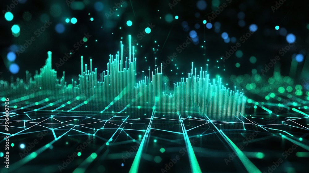 Poster digital data visualization with glowing green wave patterns on a futuristic grid background.