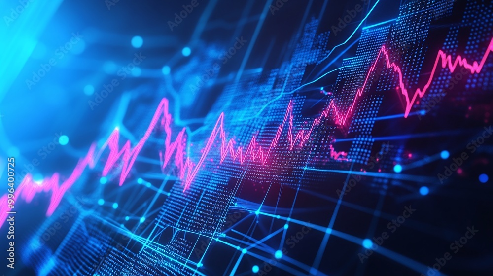 Poster digital data visualization with glowing lines and charts representing market trends and statistics.
