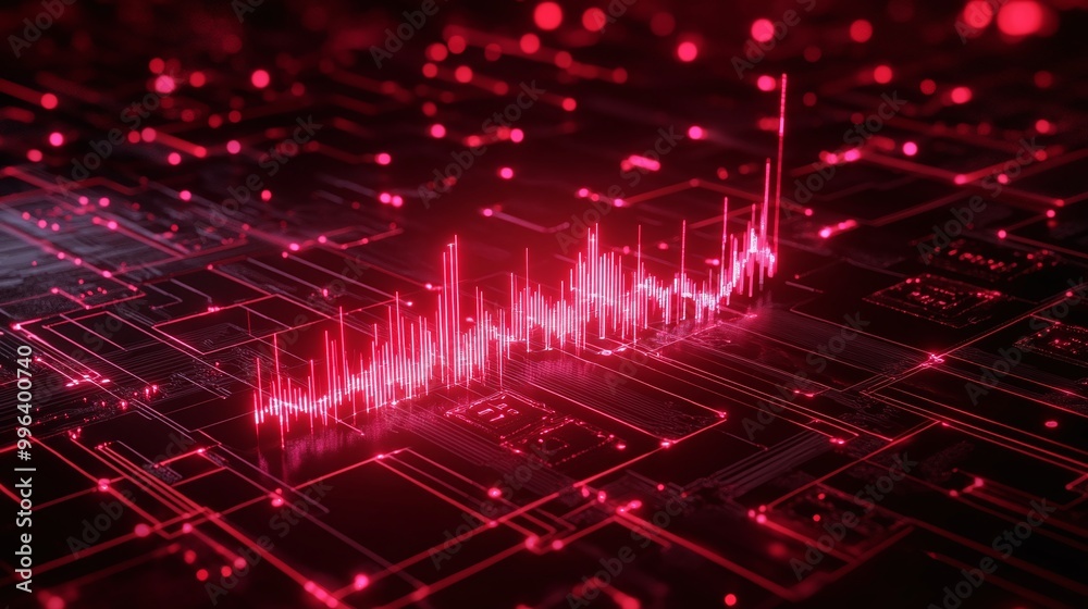 Poster digital data visualization with glowing red analytics graph on a circuit board background.