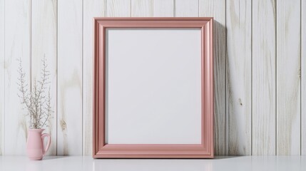 Rose gold frame mockup set against a white painted wooden surface Portrait orientation 3x4 format