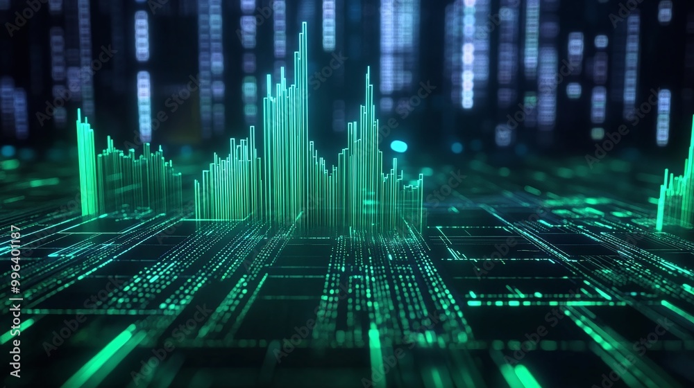 Poster digital data visualization with green graphs on a dark background, representing technology and analy