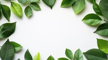 Naklejka premium Green leaf border frame flat lay composition showcasing freshness with ample copy space for card invitations or product display design concepts