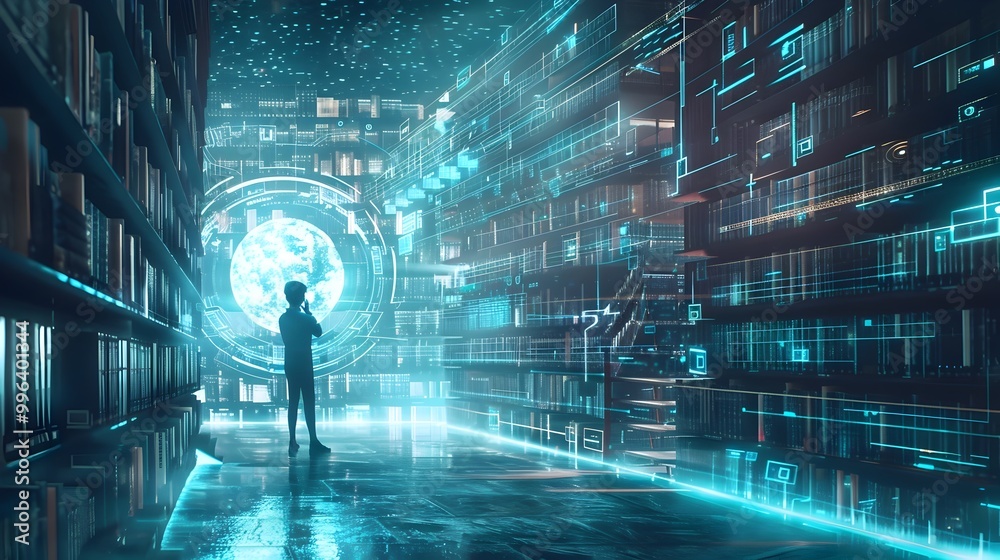Poster quantum internet user accessing holographic library for instantaneous information retrieval