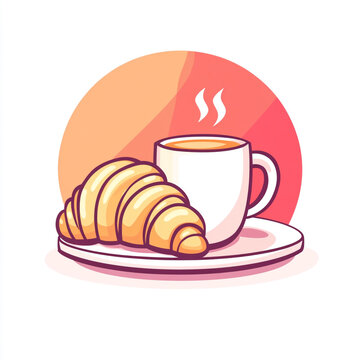 recommend clip art: Croissant on a plate with a mug of coffee, a simple illustration with bold outlines and no background.
