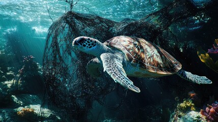 Obraz premium Turtle Entangled in Fishing Net Underwater Environment