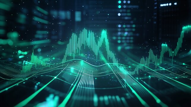 Digital data visualization with green waveforms, representing financial growth and analysis in a futuristic setting.
