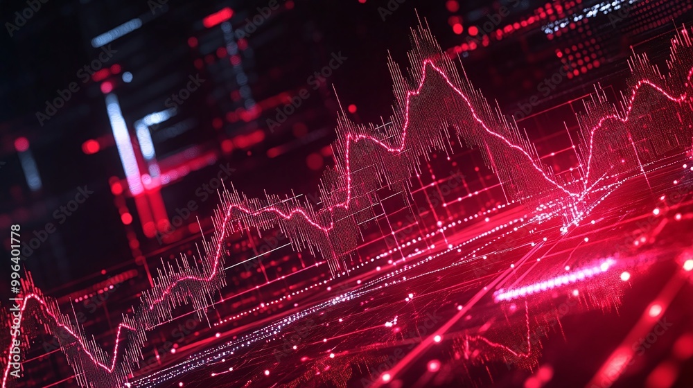 Poster digital data visualization with red graph elements on a dark background, symbolizing analytics and t