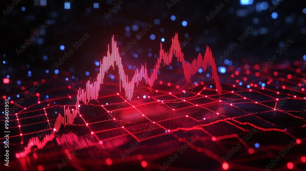 Poster digital data visualization with red graph and glowing nodes on a dark background, symbolizing financ