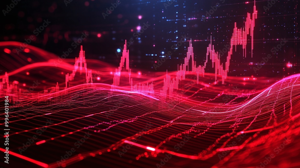 Poster digital data visualization with red lines and graphs depicting fluctuating statistics on a dark back