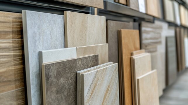 Close up display of porcelain tile samples in a retail setting