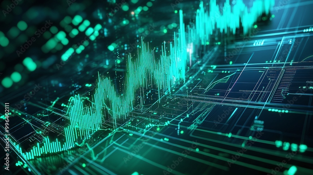 Poster digital data visualization with turquoise lines and graphs on a dark background, representing techno