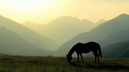 A horse grazing on grass with stunning mountains in the background captured in a backlit silhouette