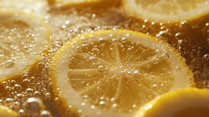 Sliced lemons immersed in sparkling liquid with bubbles